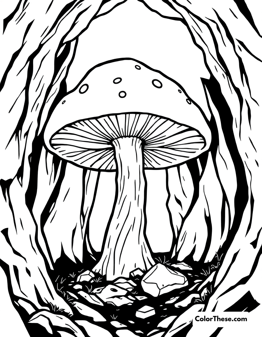 Free printable giant mushroom in a cave coloring page for kids and adults - A a giant mushroom growing in a dark cave.