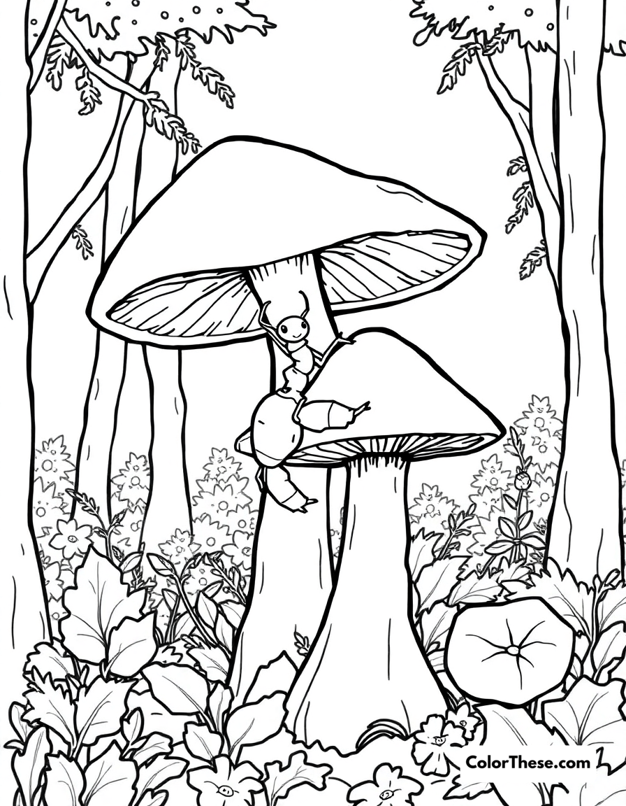 Free printable mushroom and ant scene coloring page for kids and adults - A an ant climbing a mushroom in a forest.