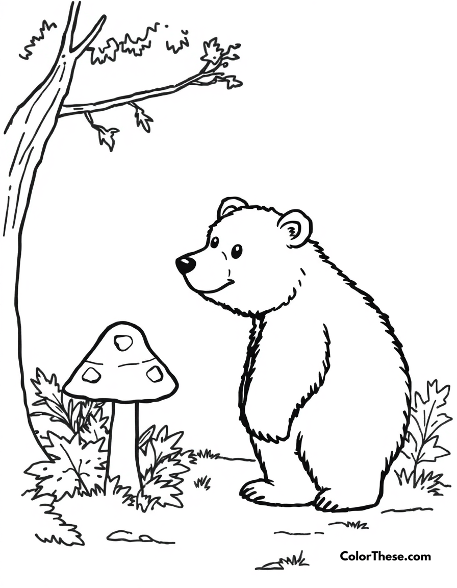 Free printable mushroom and bear scene coloring page for kids and adults - A a bear standing near a mushroom in a forest.