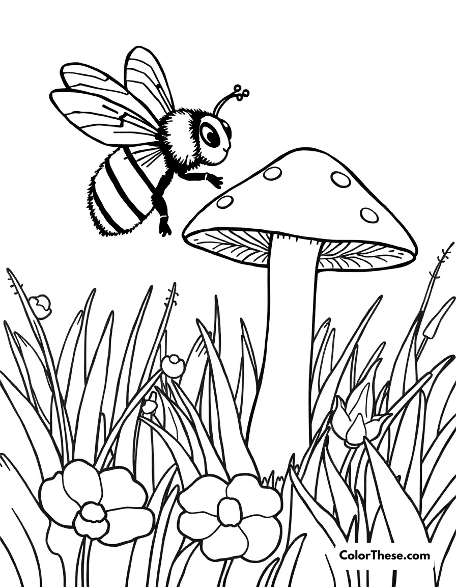 Free printable mushroom and bee scene coloring page for kids and adults - A a bee flying near a mushroom in a meadow.