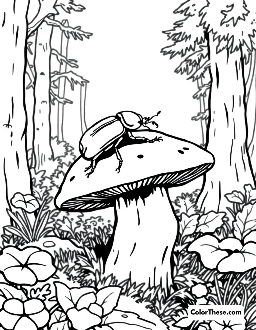 Free printable mushroom and beetle scene coloring page for kids and adults - A a beetle crawling on a mushroom in a forest.