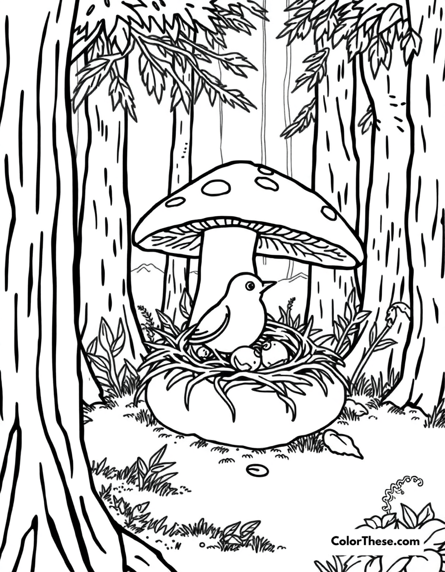 Free printable mushroom and bird nest scene coloring page for kids and adults - A a bird nesting near a mushroom in a forest.