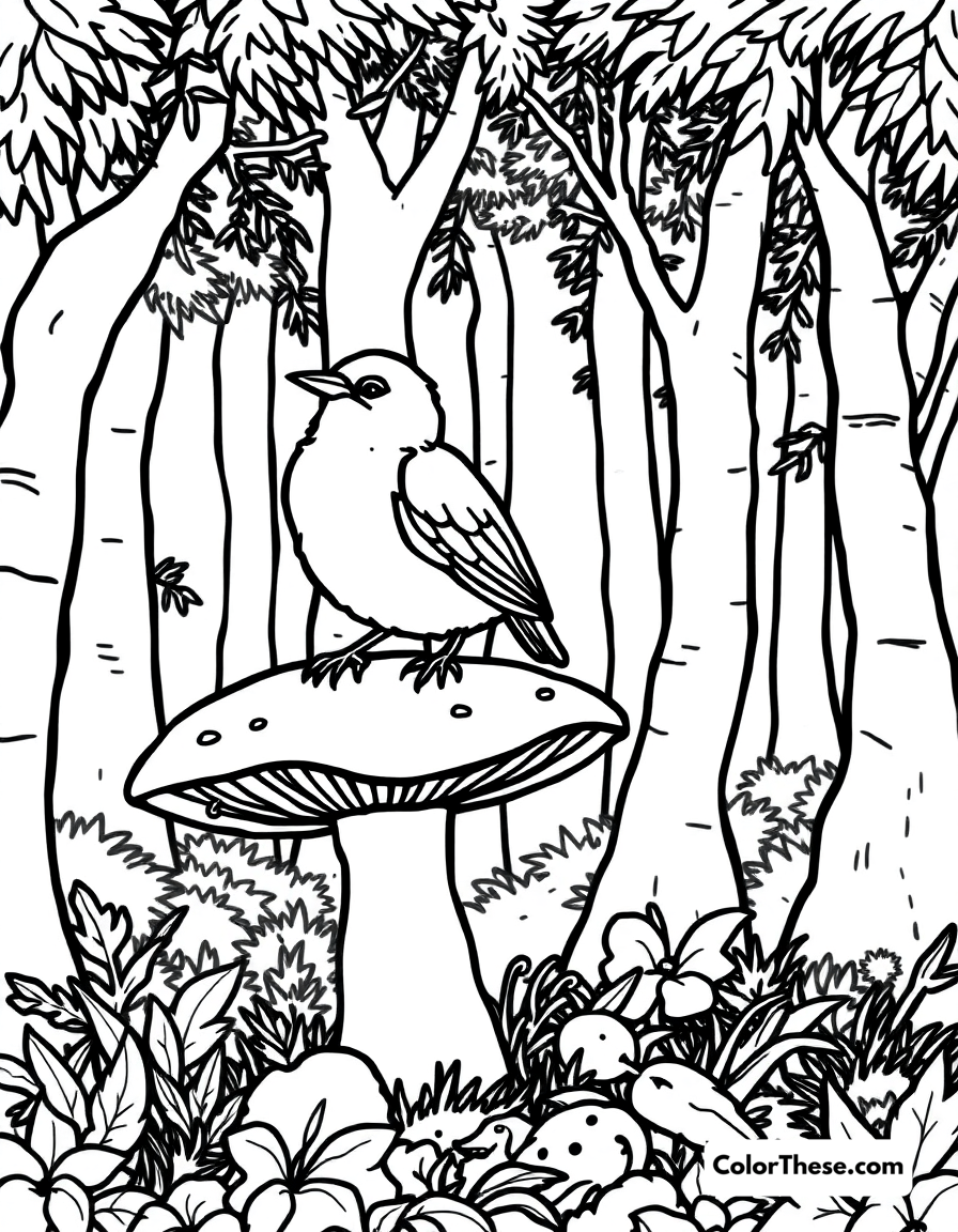 Free printable mushroom and bird scene coloring page for kids and adults - A a bird perched on a mushroom in a forest.