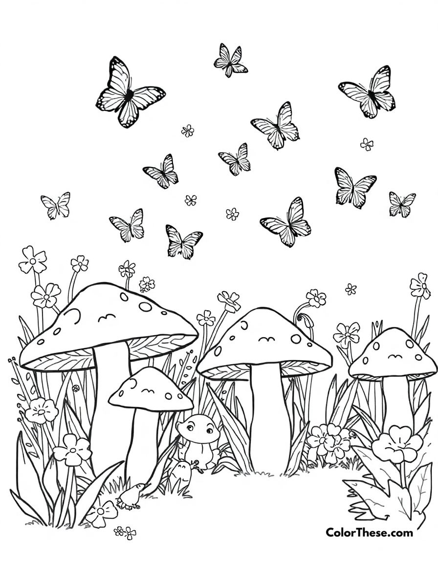 Free printable mushroom and butterfly garden scene coloring page for kids and adults - A a garden of mushrooms with butterflies flying around.