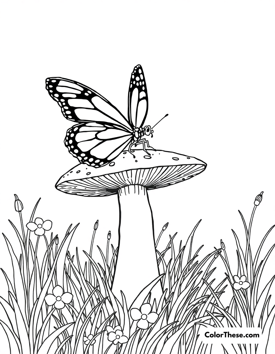 Free printable mushroom and butterfly scene coloring page for kids and adults - A a butterfly resting on a mushroom in a meadow.