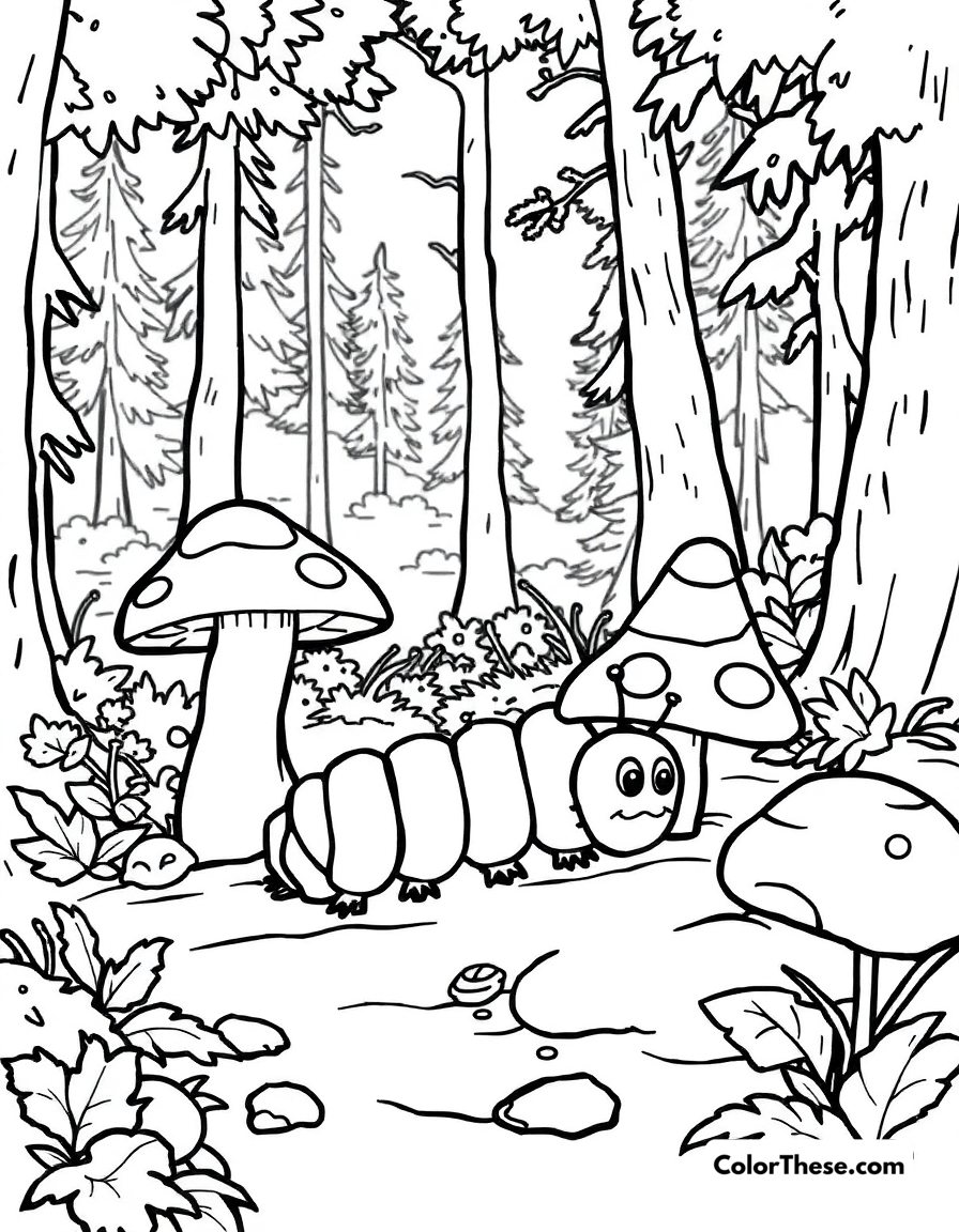 Free printable mushroom and caterpillar scene coloring page for kids and adults - A a caterpillar crawling near a mushroom in a forest.