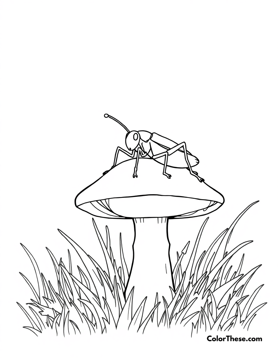 Free printable mushroom and cricket scene coloring page for kids and adults - A a cricket resting on a mushroom in a meadow.