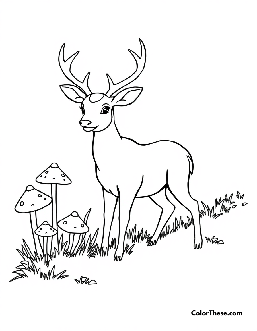 Free printable mushroom and deer meadow scene coloring page for kids and adults - A a deer standing near mushrooms in a meadow.