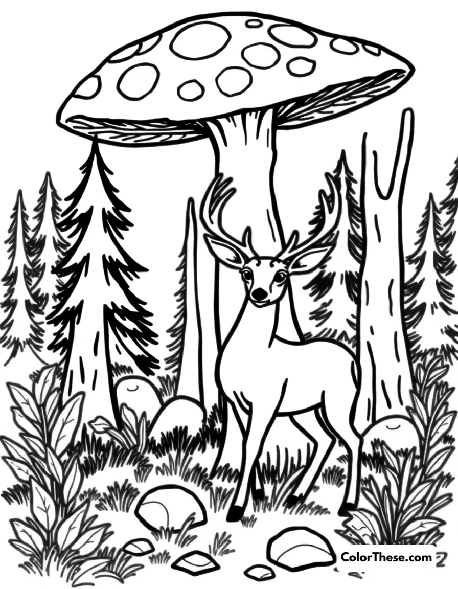 Free printable mushroom and deer scene coloring page for kids and adults - A a deer standing near a large mushroom in a forest.