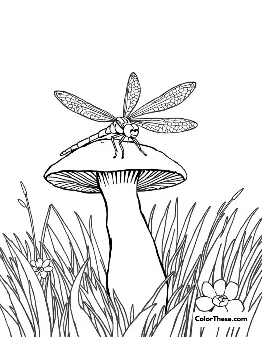 Free printable mushroom and dragonfly scene coloring page for kids and adults - A a dragonfly resting on a mushroom in a meadow.