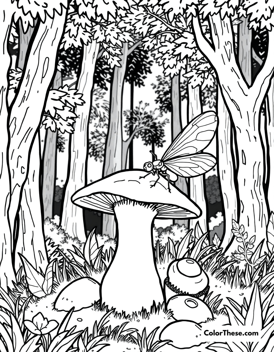 Free printable mushroom and firefly scene coloring page for kids and adults - A a firefly resting on a mushroom in a forest.