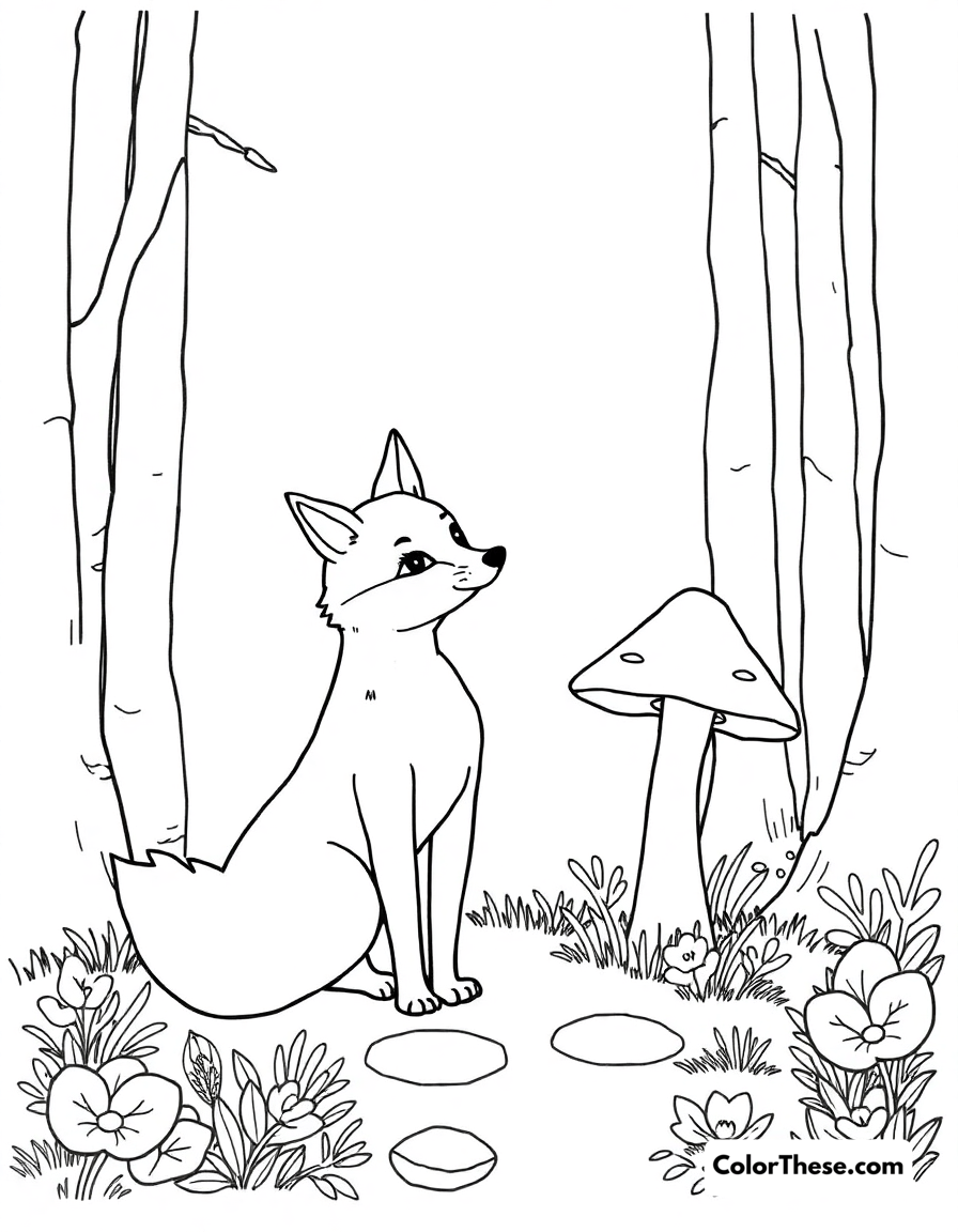 Free printable mushroom and fox scene coloring page for kids and adults - A a fox standing near a mushroom in a forest.