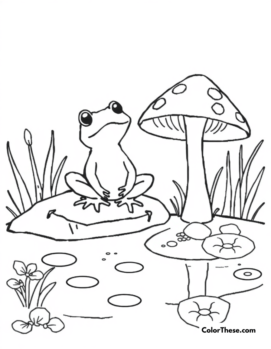 Free printable mushroom and frog pond scene coloring page for kids and adults - A a frog sitting near a mushroom by a pond.