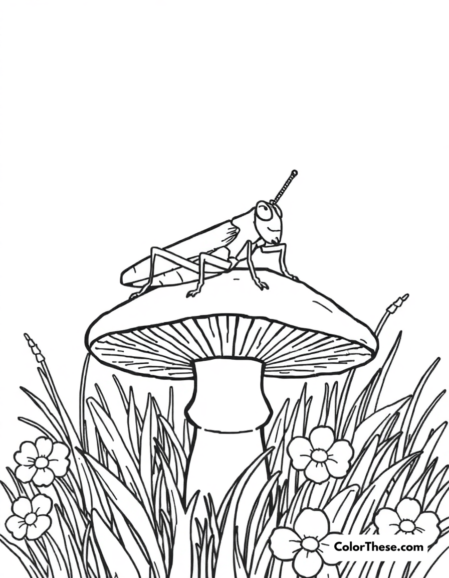 Free printable mushroom and grasshopper scene coloring page for kids and adults - A a grasshopper resting on a mushroom in a meadow.