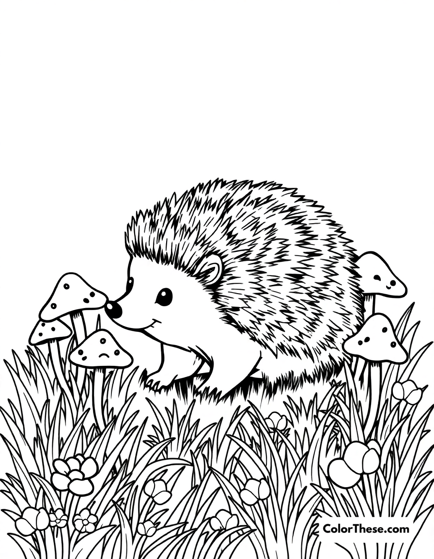 Free printable mushroom and hedgehog meadow scene coloring page for kids and adults - A a hedgehog near mushrooms in a meadow.