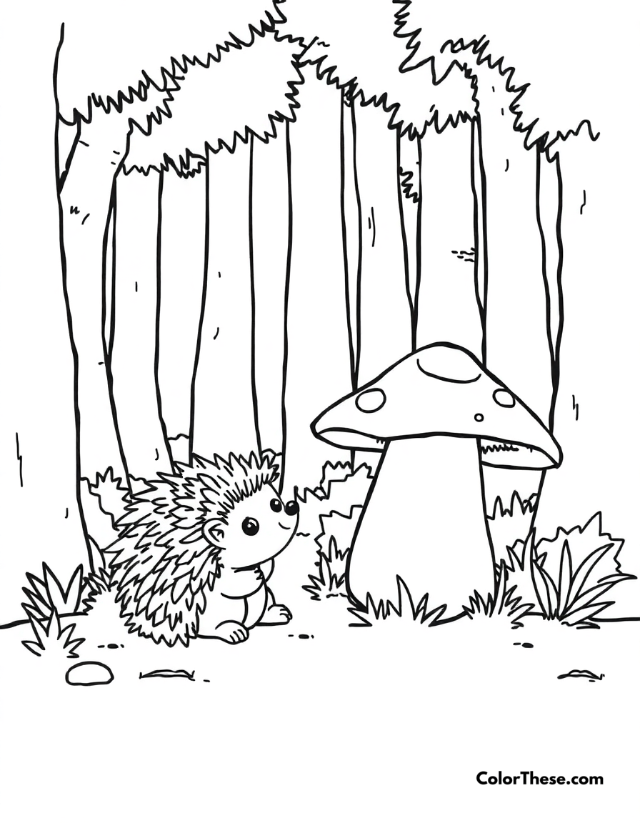 Free printable mushroom and hedgehog scene coloring page for kids and adults - A a hedgehog sitting near a mushroom in a forest.