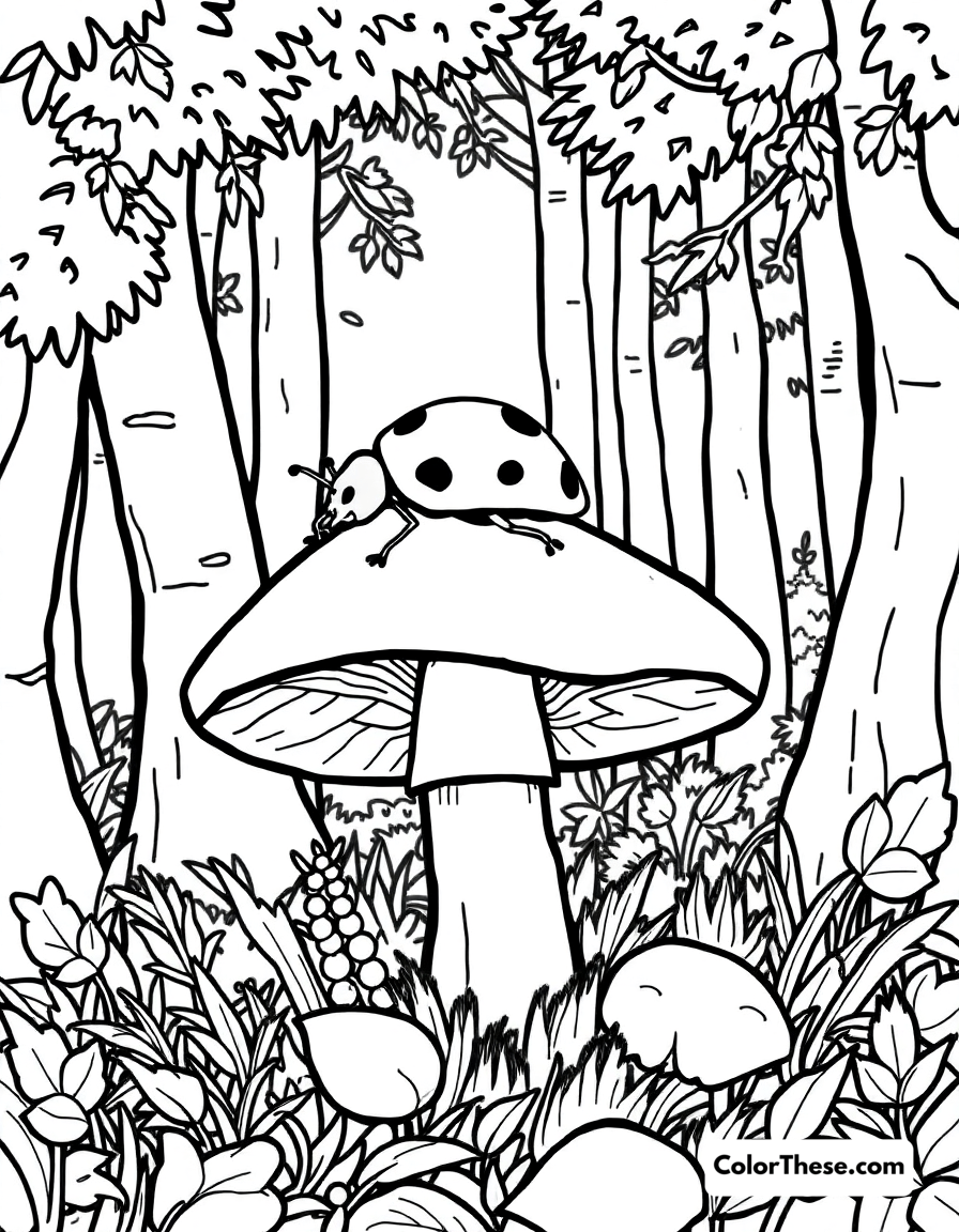 Free printable mushroom and ladybug scene coloring page for kids and adults - A a ladybug resting on a mushroom in a forest.