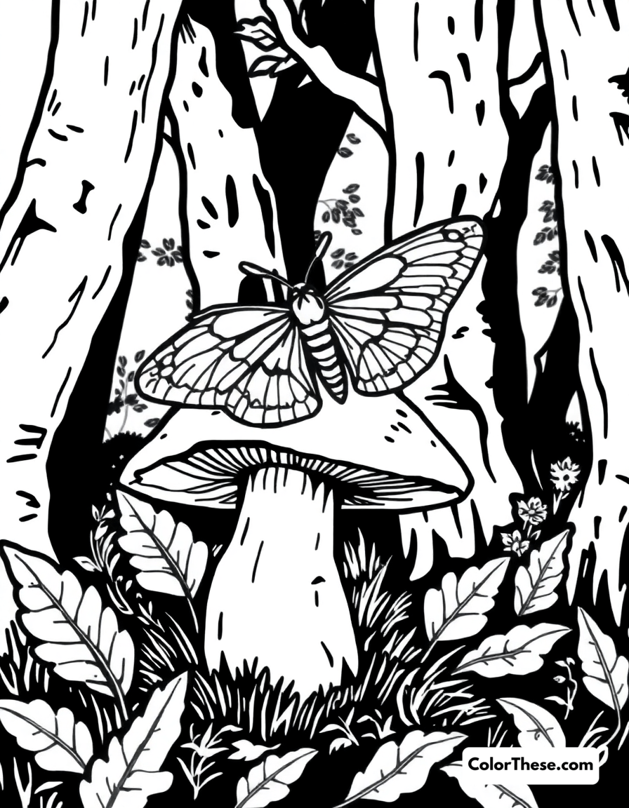 Free printable mushroom and moth scene coloring page for kids and adults - A a moth resting on a mushroom in a forest.