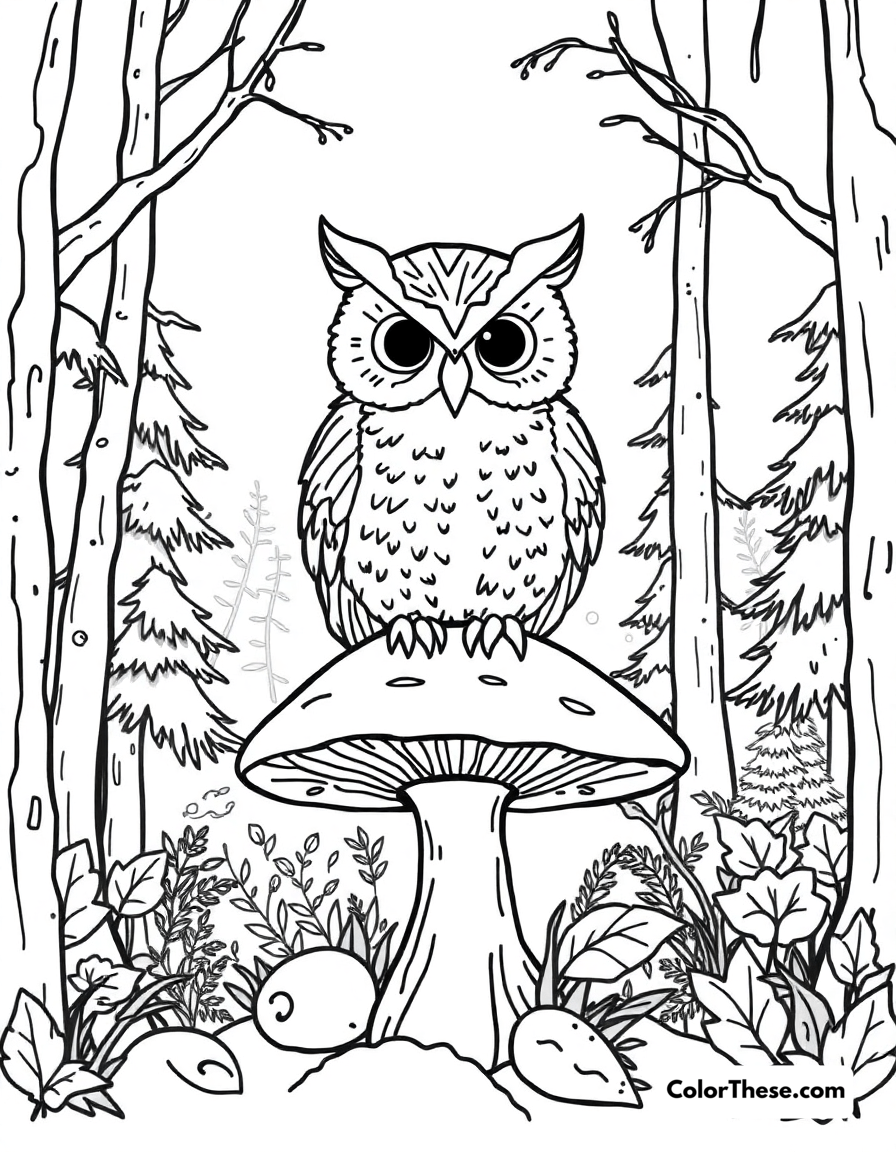 Free printable mushroom and owl scene coloring page for kids and adults - A an owl perched on a mushroom in a forest.