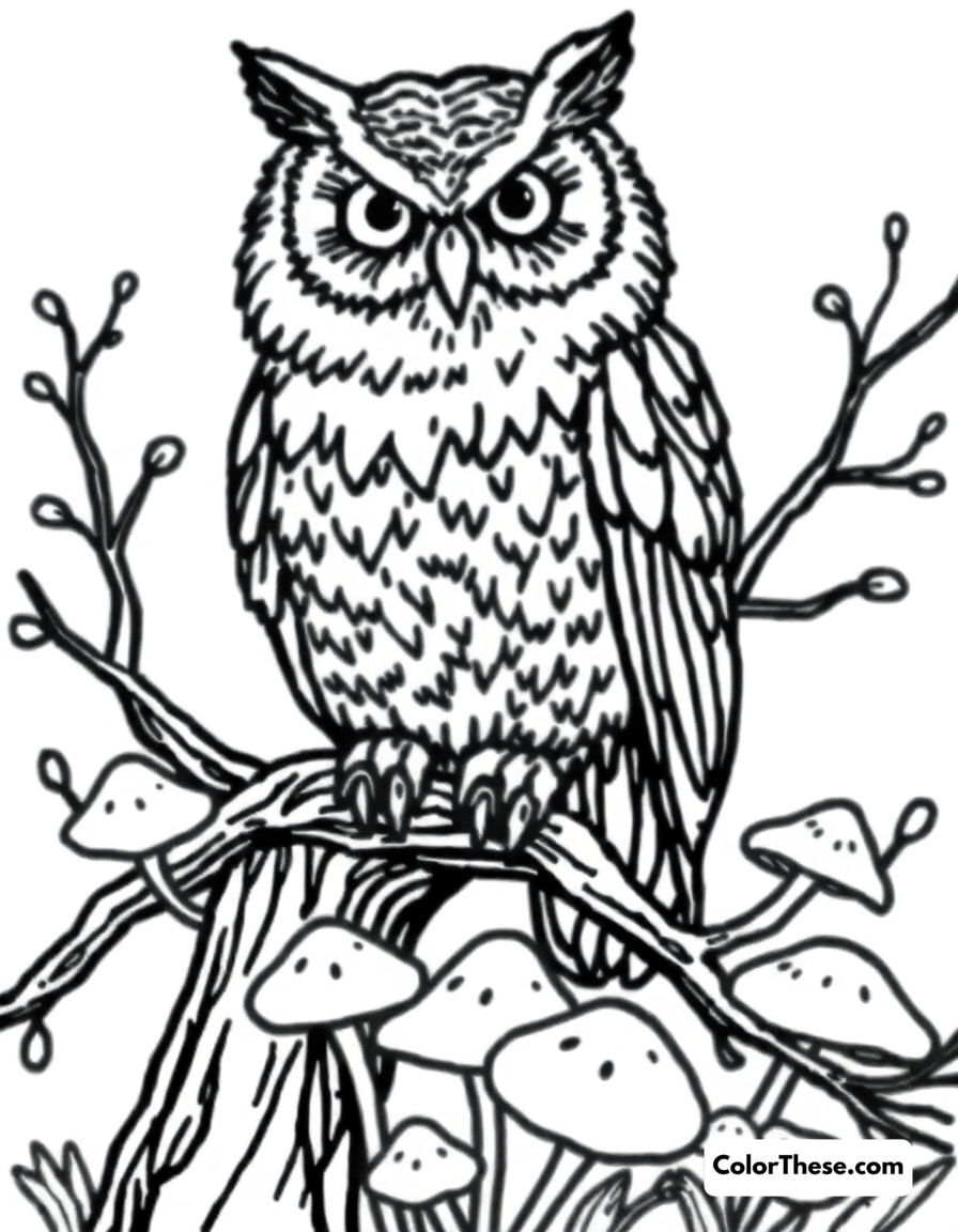 Free printable mushroom and owl tree scene coloring page for kids and adults - A an owl perched on a tree branch near mushrooms.