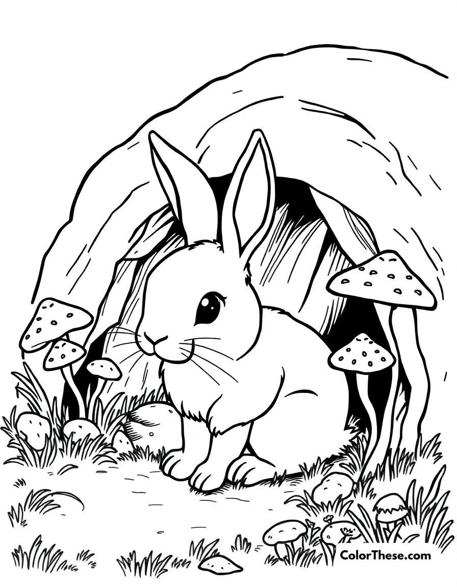 Free printable mushroom and rabbit burrow scene coloring page for kids and adults - A a rabbit near its burrow with mushrooms growing nearby.