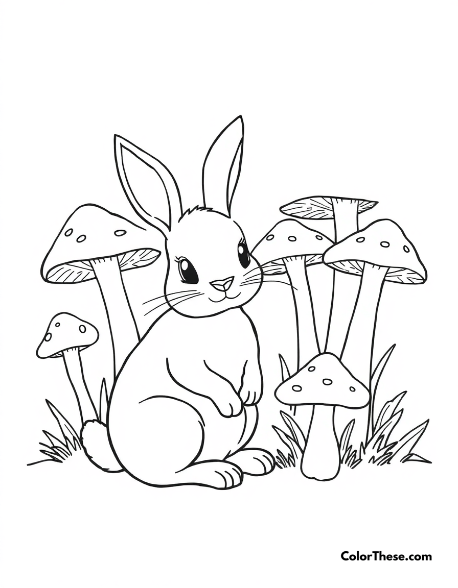 Free printable mushroom and rabbit scene coloring page for kids and adults - A a rabbit sitting near a cluster of mushrooms.