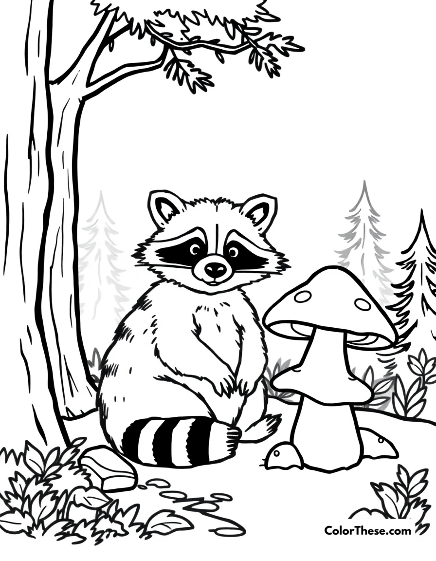 Free printable mushroom and raccoon scene coloring page for kids and adults - A a raccoon sitting near a mushroom in a forest.