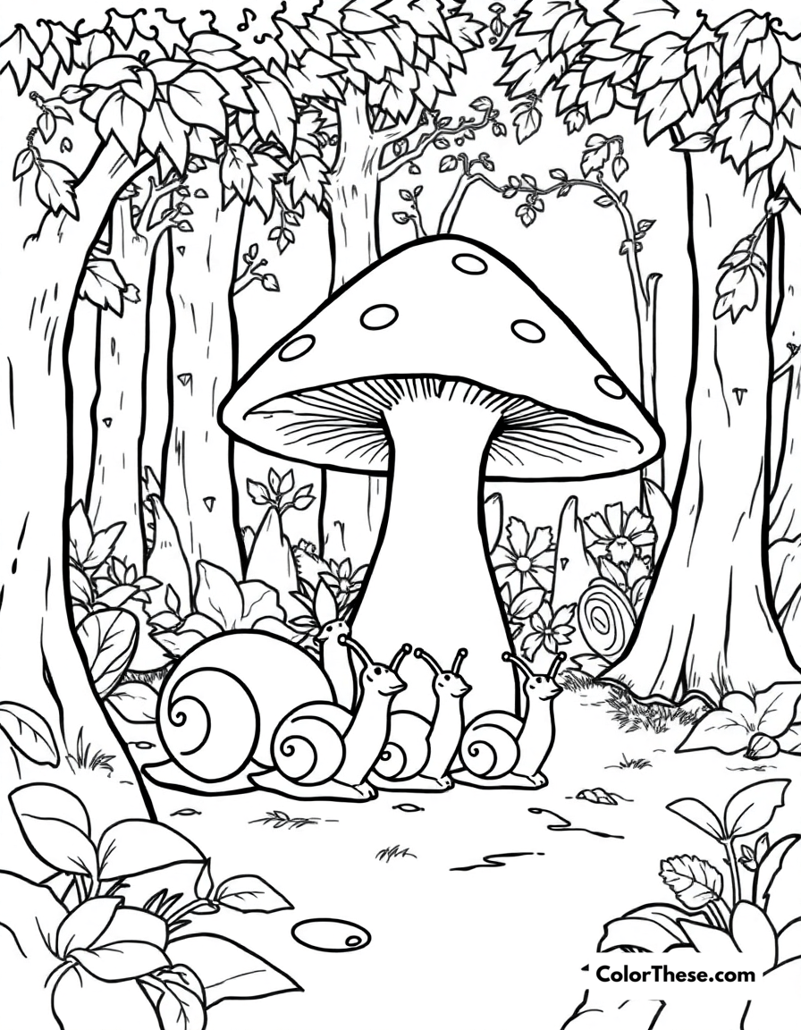 Free printable mushroom and snail family scene coloring page for kids and adults - A a family of snails near a mushroom in a forest.