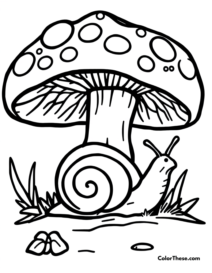 Free printable mushroom and snail scene coloring page for kids and adults - A a snail resting under a large mushroom.