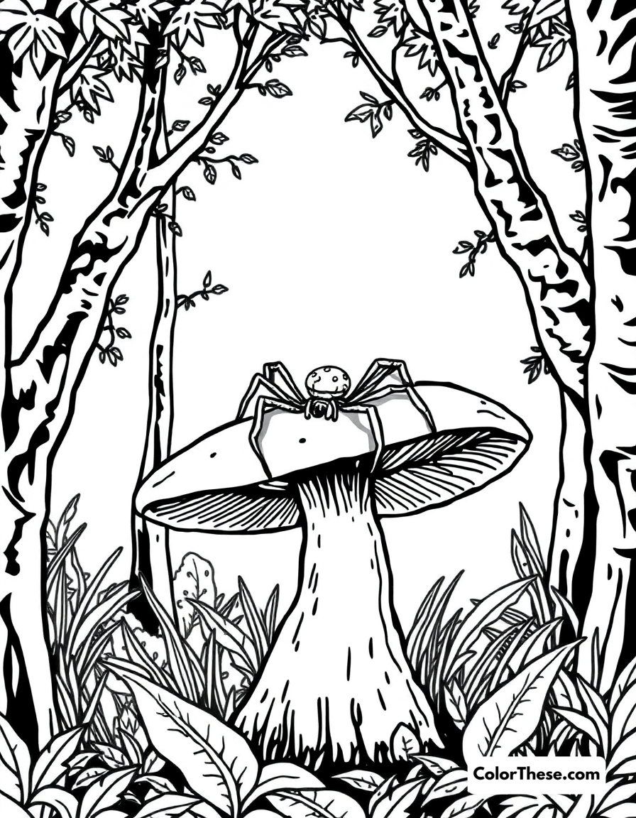 Free printable mushroom and spider scene coloring page for kids and adults - A a spider resting on a mushroom in a forest.