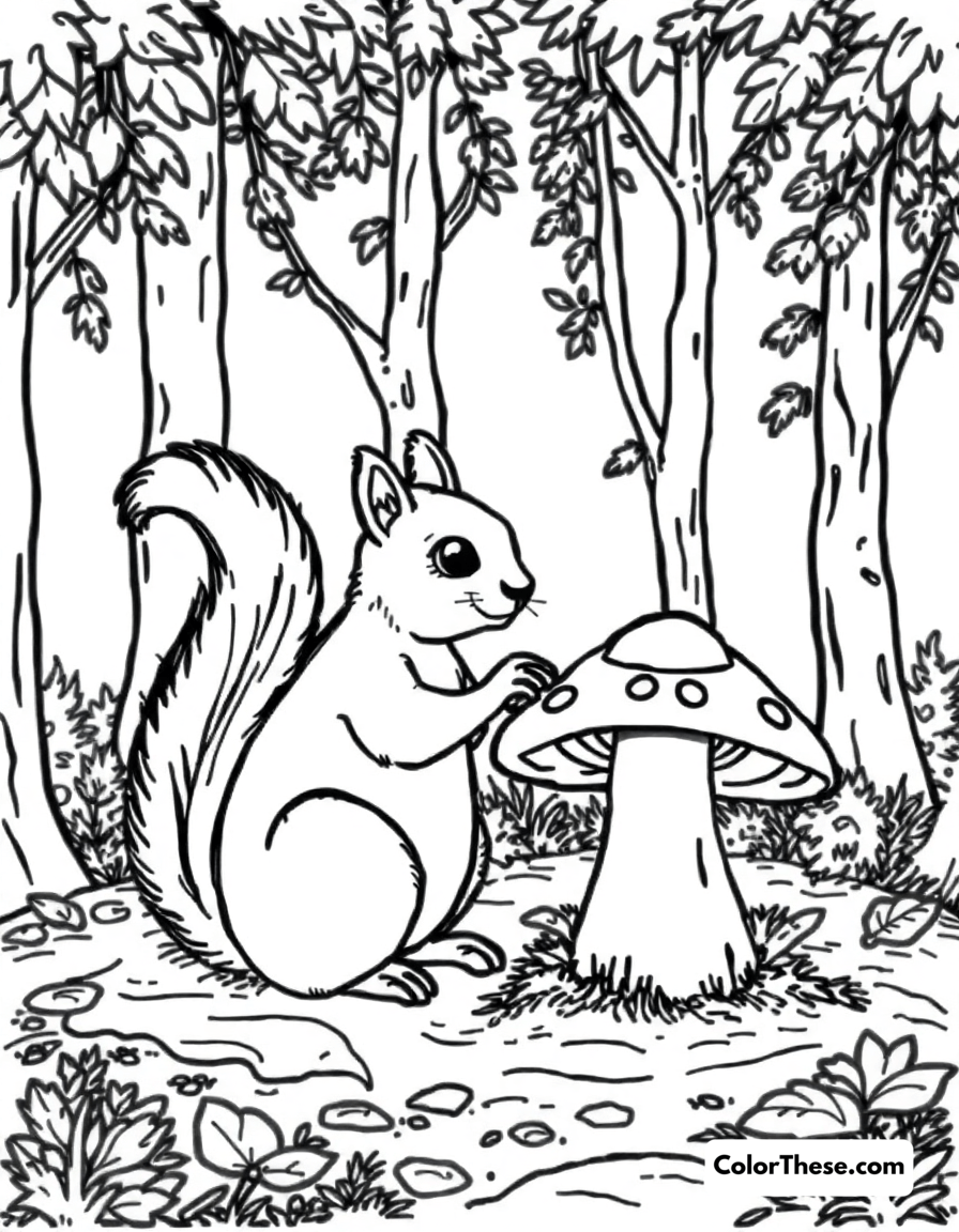 Free printable mushroom and squirrel scene coloring page for kids and adults - A a squirrel sitting near a mushroom in a forest.