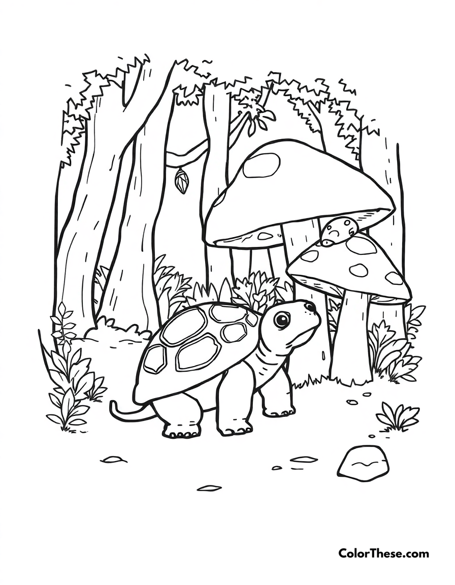 Free printable mushroom and turtle scene coloring page for kids and adults - A a turtle sitting near a mushroom in a forest.