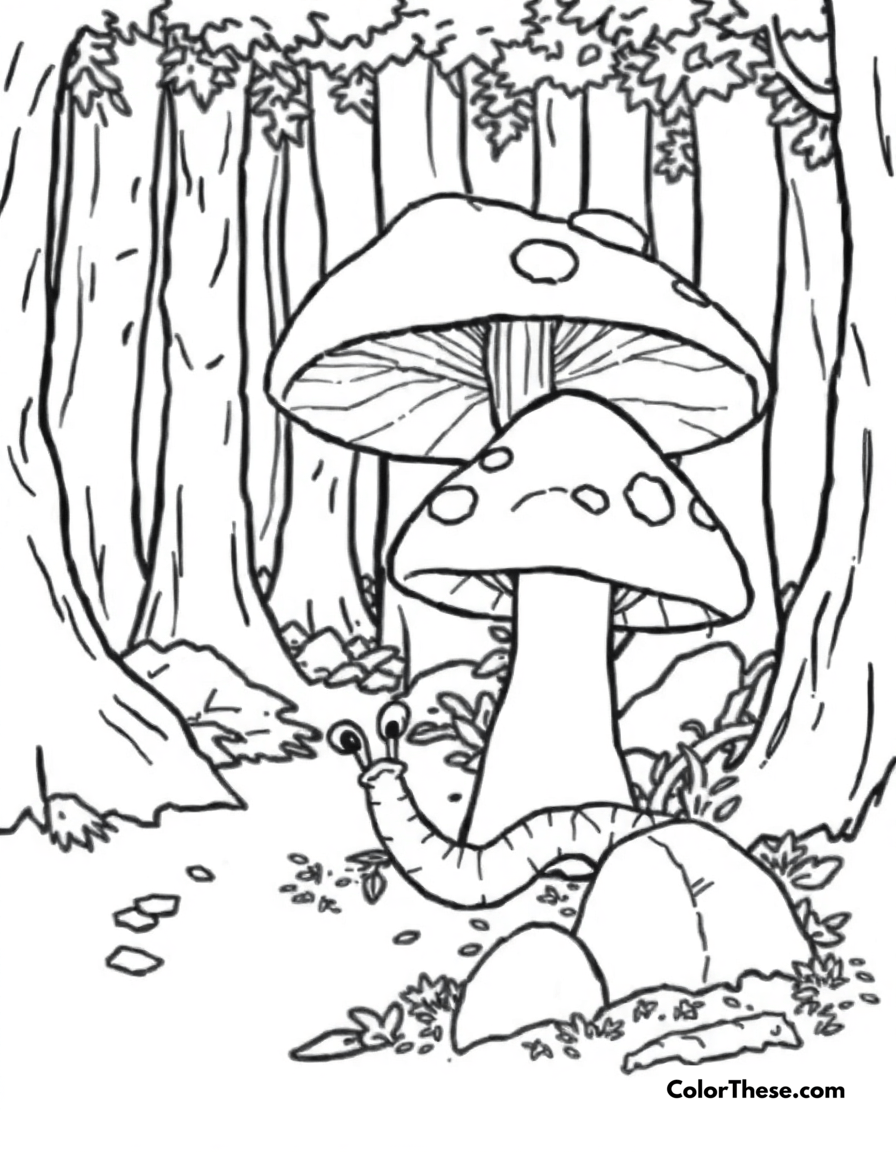 Free printable mushroom and worm scene coloring page for kids and adults - A a worm crawling near a mushroom in a forest.