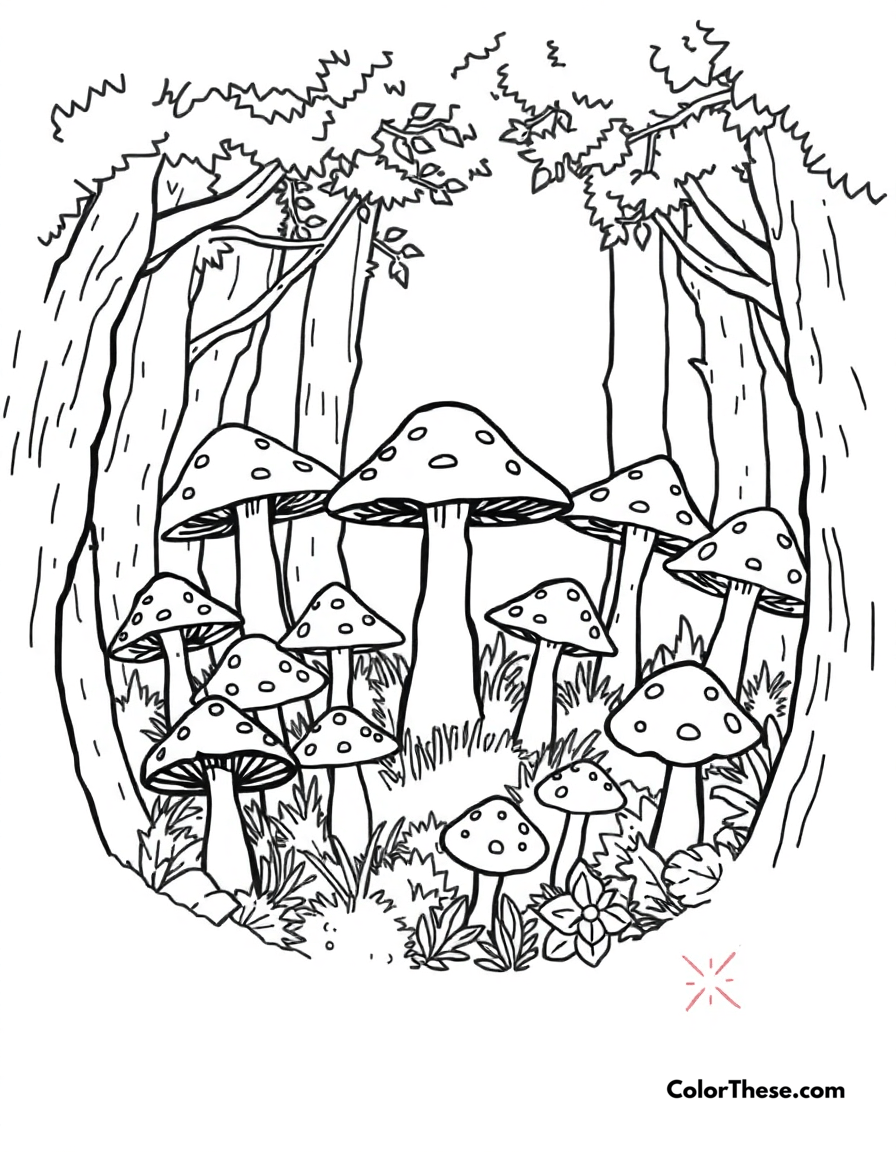 Free printable mushroom circle coloring page for kids and adults - A a circle of mushrooms in a forest.