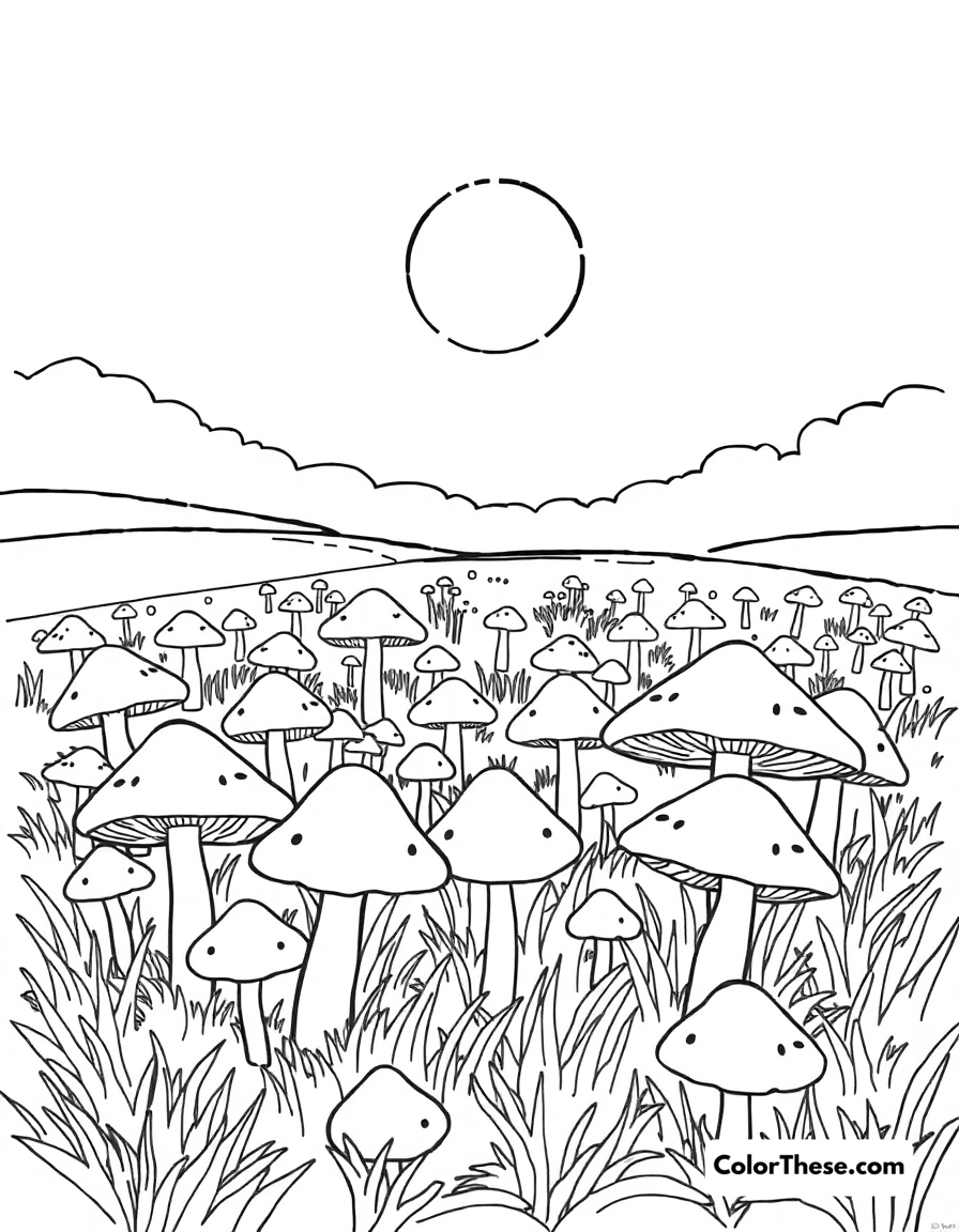 Free printable mushroom field coloring page for kids and adults - A a field of mushrooms under a sunny sky.