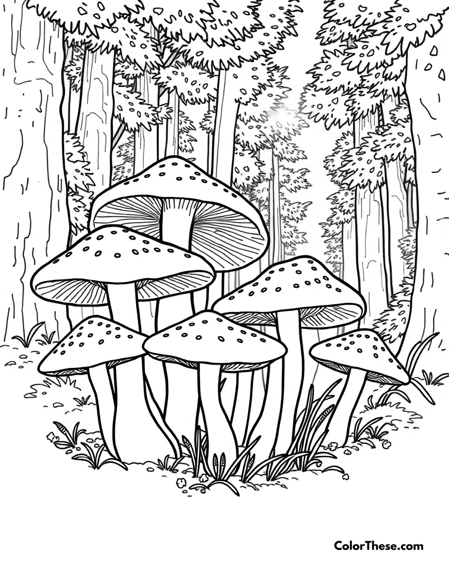 Free printable realistic forest mushrooms coloring page for kids and adults - A a cluster of realistic mushrooms growing in a forest.