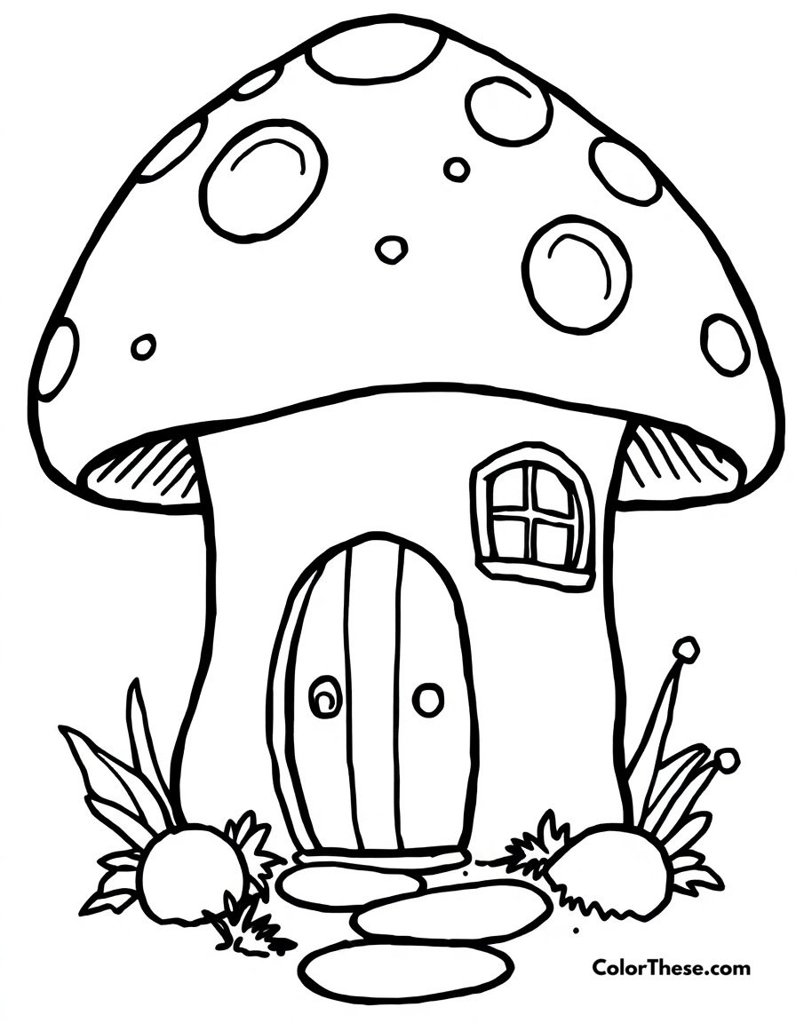 Free printable whimsical mushroom house coloring page for kids and adults - A a whimsical mushroom house with a door and windows.