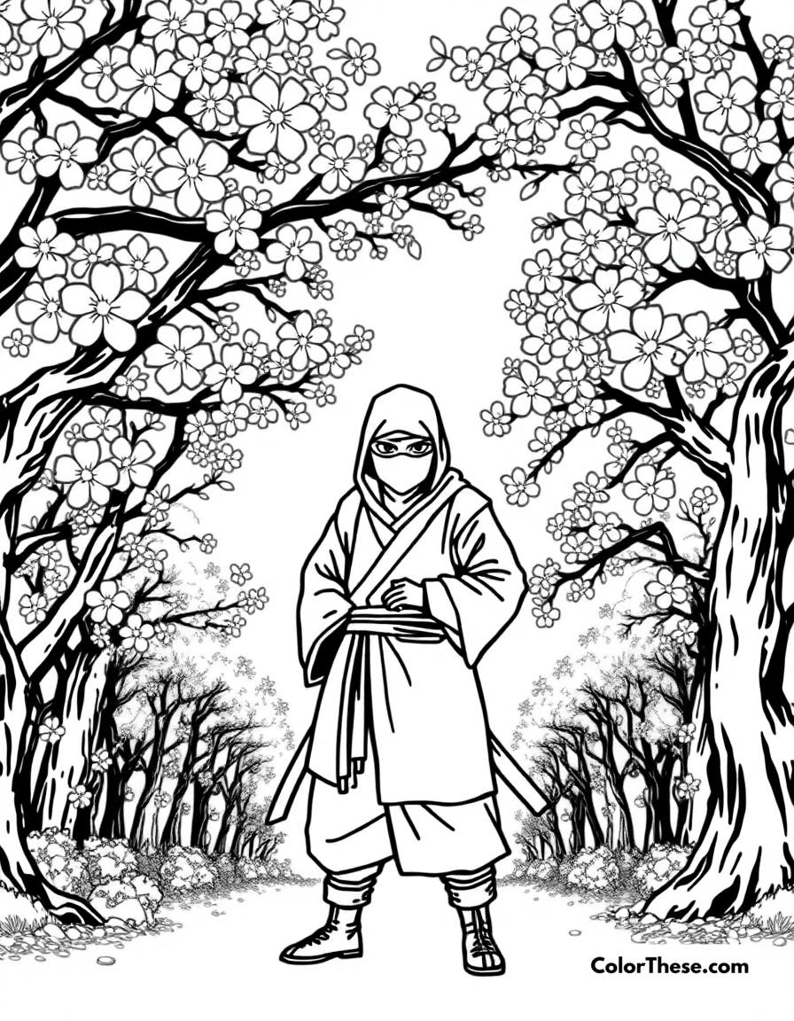 Free printable ninja in a cherry blossom grove coloring page for kids and adults - A a ninja standing in a serene cherry blossom grove.