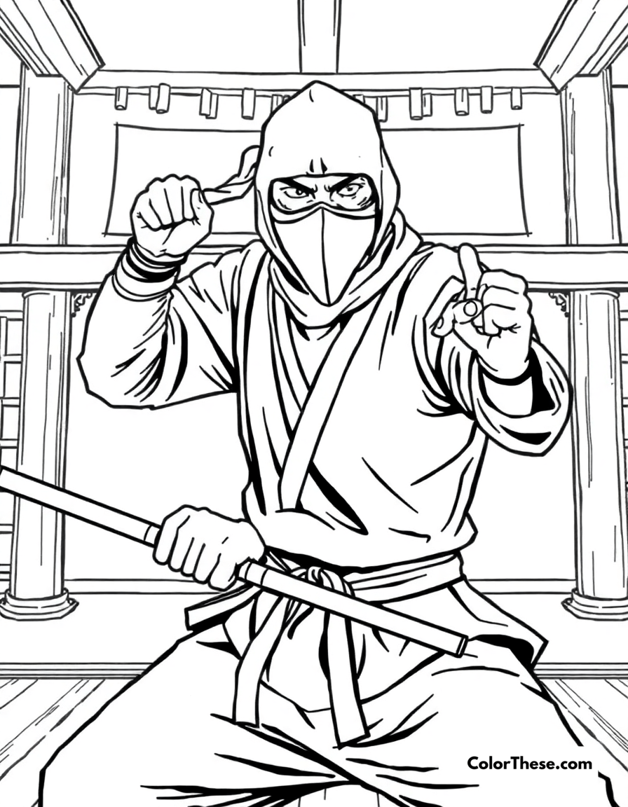 Free printable ninja in a dojo coloring page for kids and adults - A a ninja training in a traditional dojo.