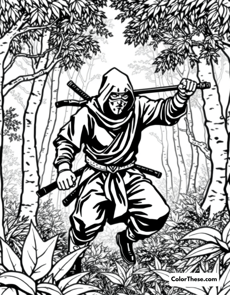 Free printable ninja in a forest coloring page for kids and adults - A a ninja moving silently through a dense forest.