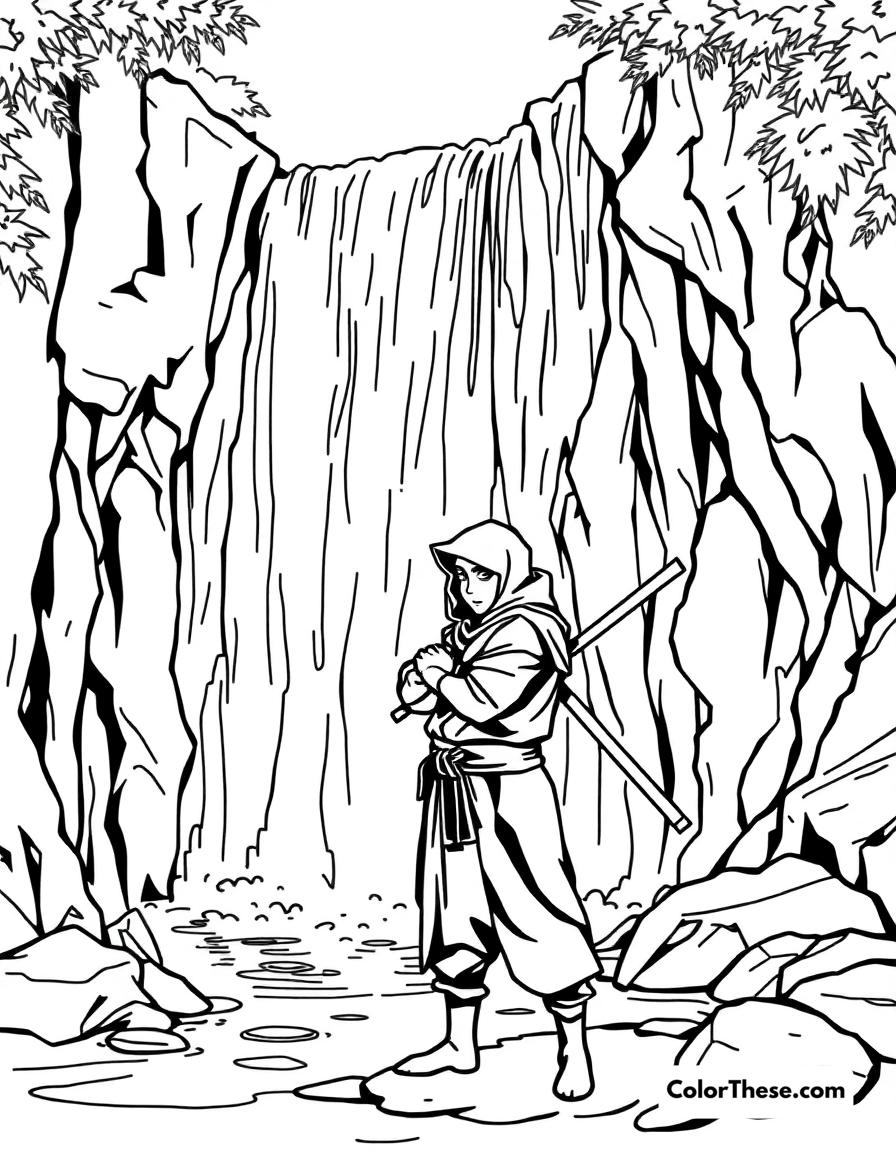 Free printable ninja in a waterfall coloring page for kids and adults - A a ninja standing under a cascading waterfall.