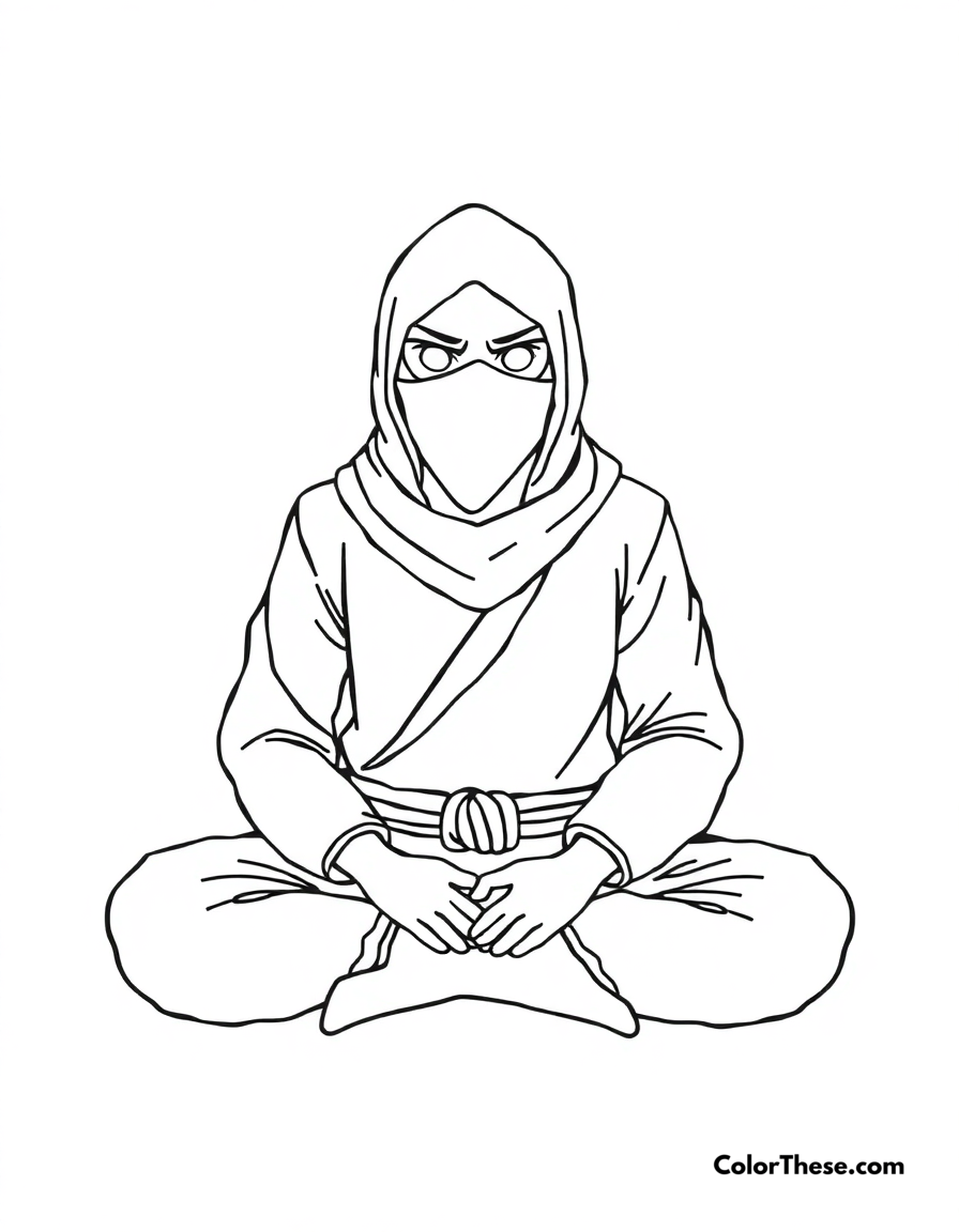 Free printable ninja meditating coloring page for kids and adults - A a ninja sitting in meditation, focused and calm.