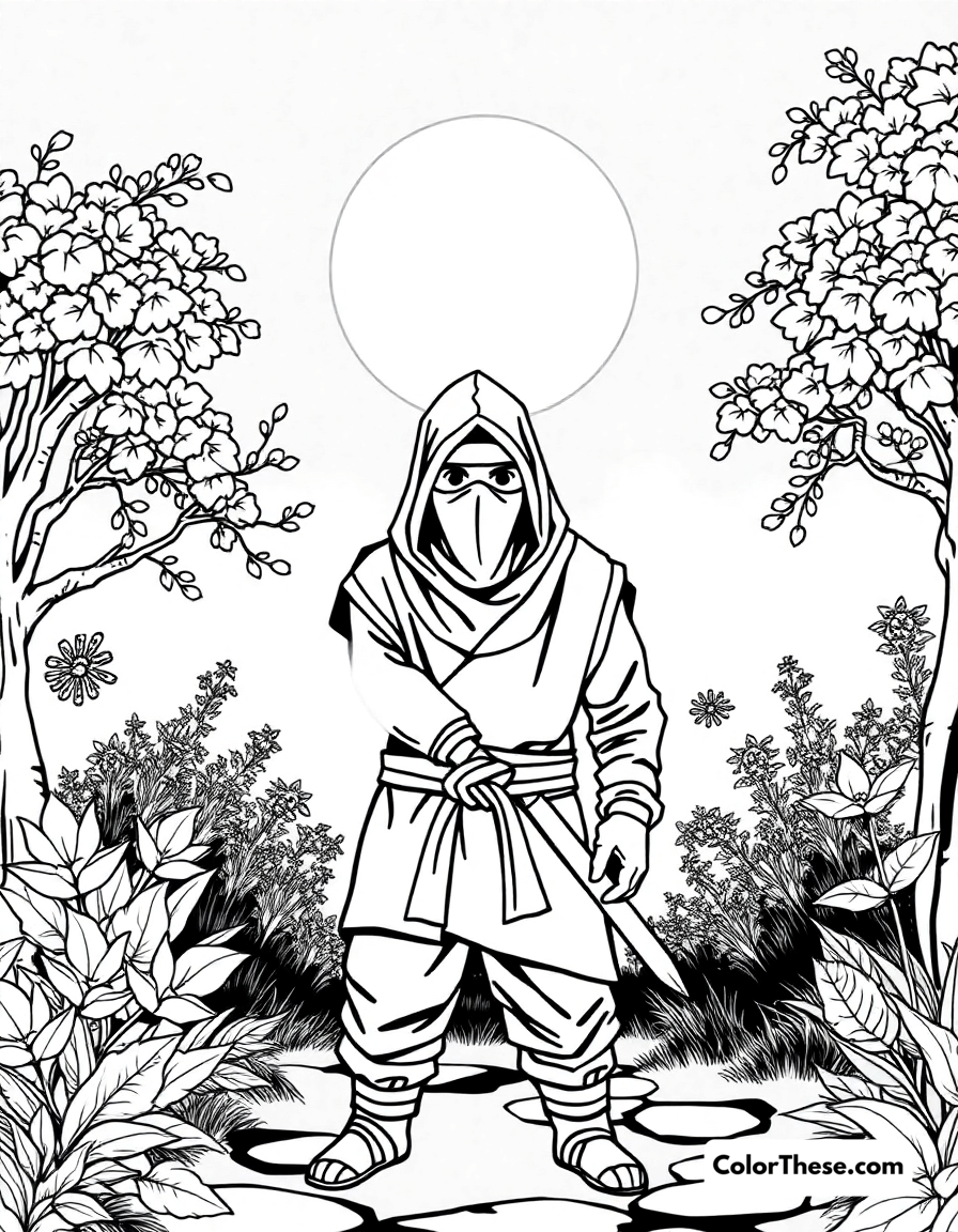 Free printable ninja in a moonlit garden coloring page for kids and adults - A a ninja standing in a peaceful moonlit garden.