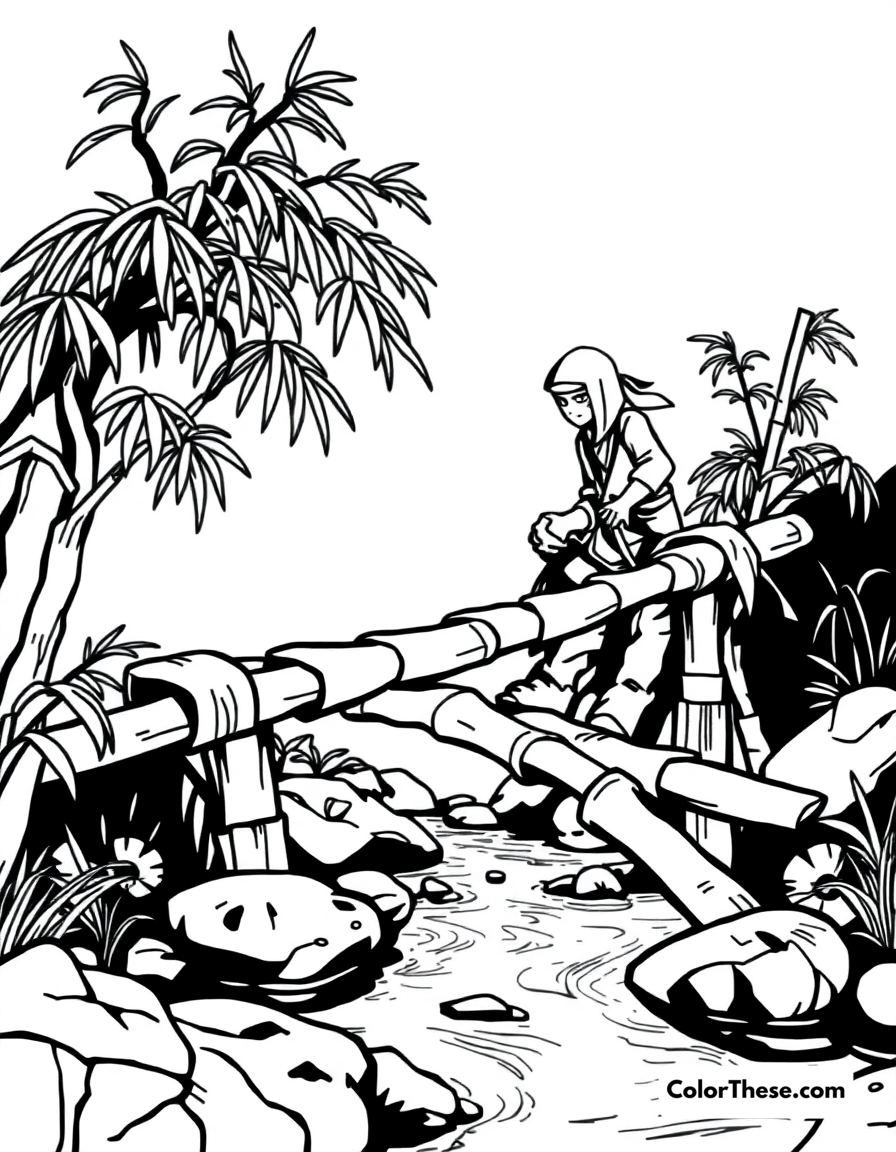 Free printable ninja on a bamboo bridge coloring page for kids and adults - A a ninja crossing a bamboo bridge over a stream.