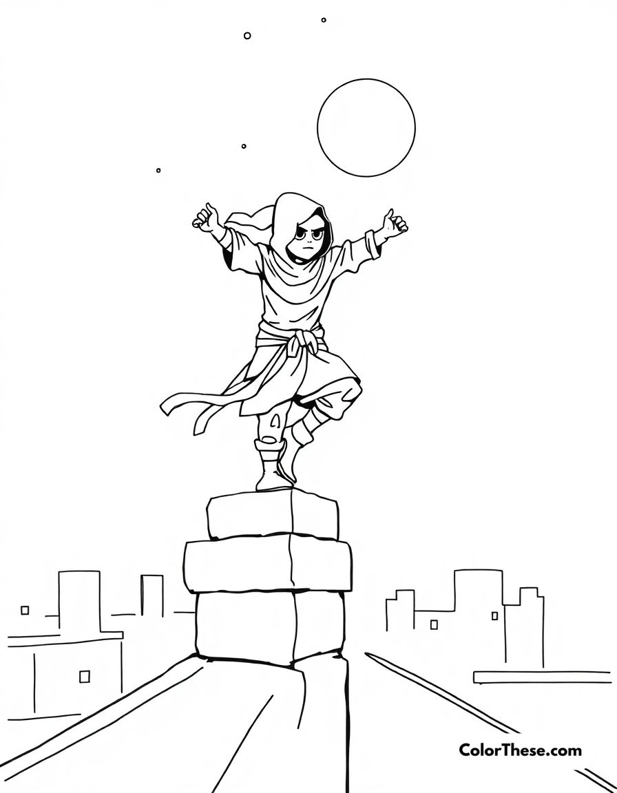 Free printable ninja on a rooftop coloring page for kids and adults - A a ninja balancing on a rooftop under the night sky.