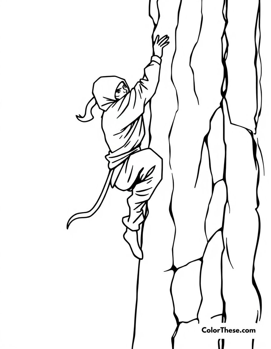 Free printable ninja scaling a wall coloring page for kids and adults - A a ninja climbing a tall wall with ease.