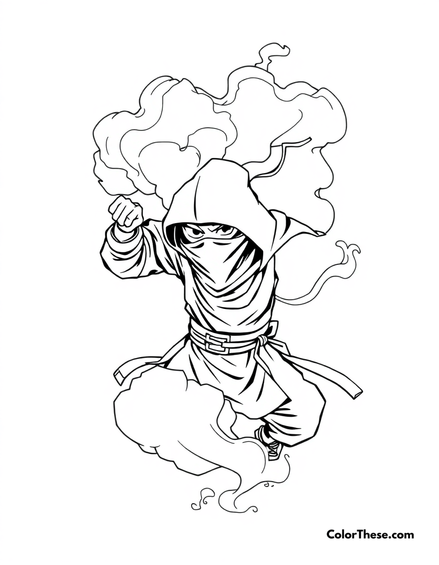 Free printable ninja in a smoke cloud coloring page for kids and adults - A a ninja disappearing into a cloud of smoke.