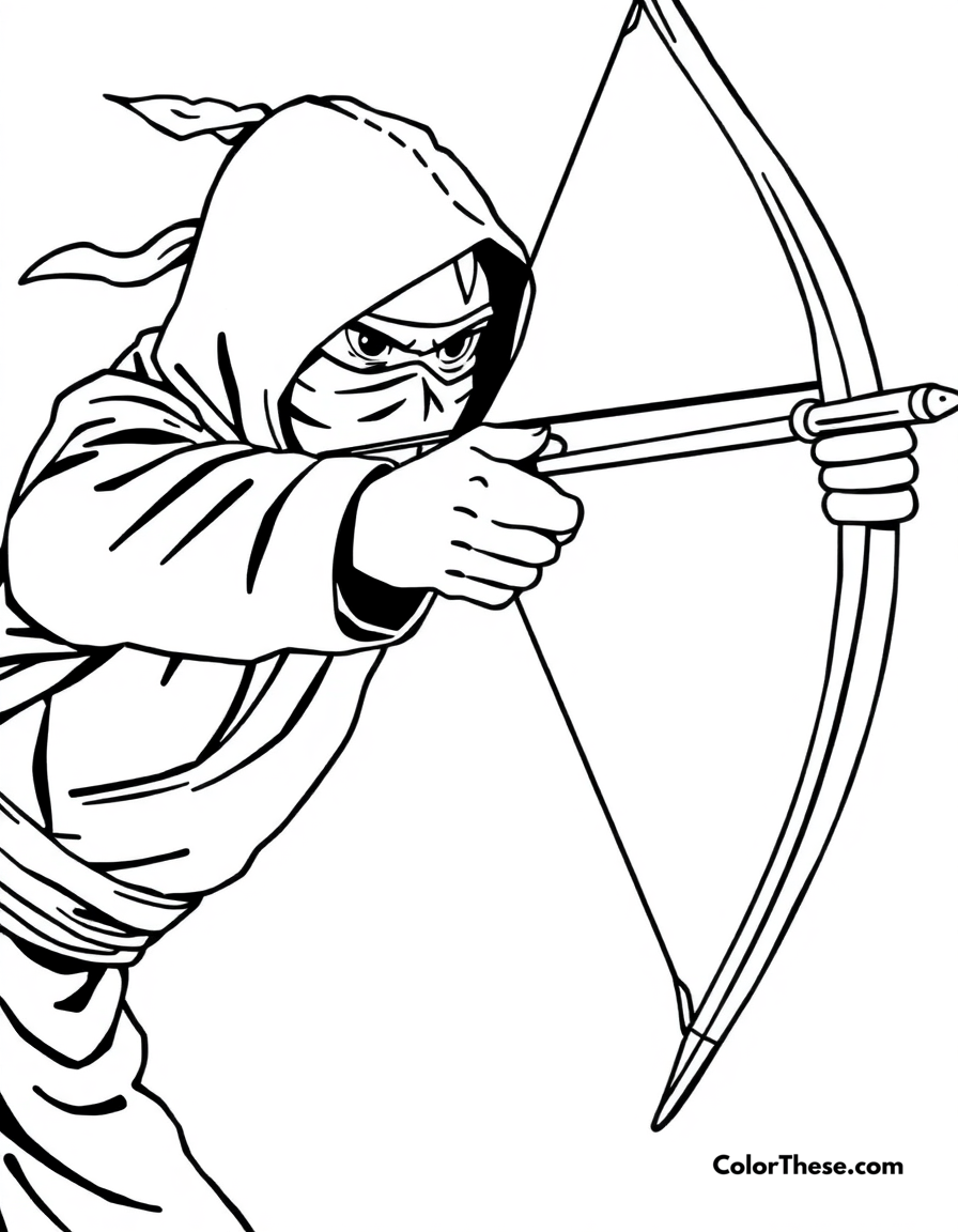 Free printable ninja with a bow coloring page for kids and adults - A a ninja aiming a bow with precision.