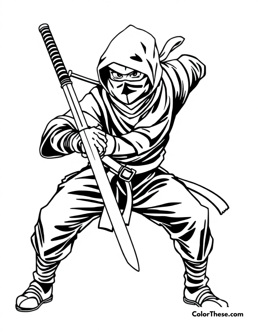 Free printable ninja with a katana coloring page for kids and adults - A a ninja holding a katana in a defensive stance.