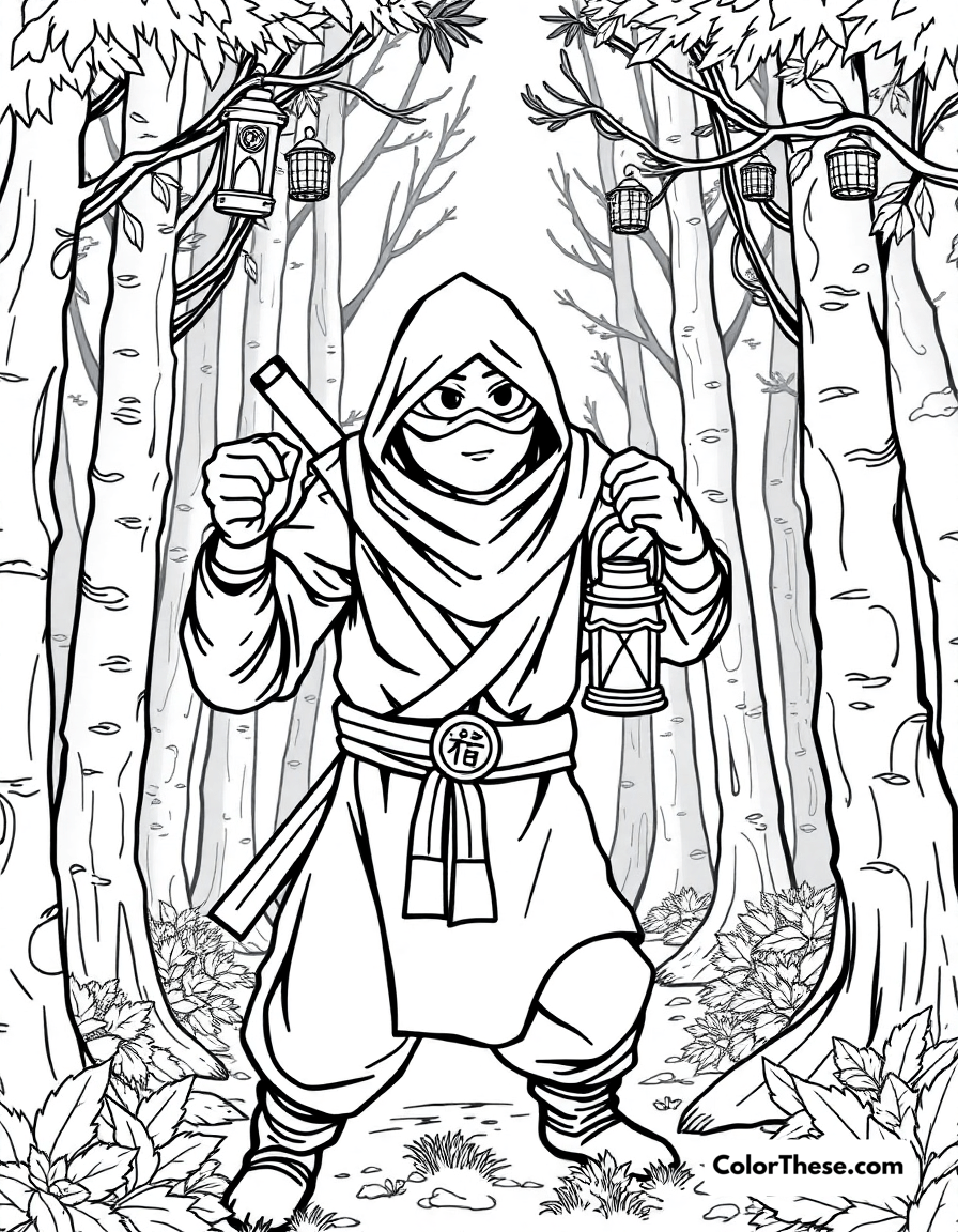 Free printable ninja with a lantern coloring page for kids and adults - A a ninja holding a lantern in a dark forest.